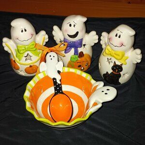 Halloween Ghost Trio Tea Light Candle Set and Ghost Snack Bowl